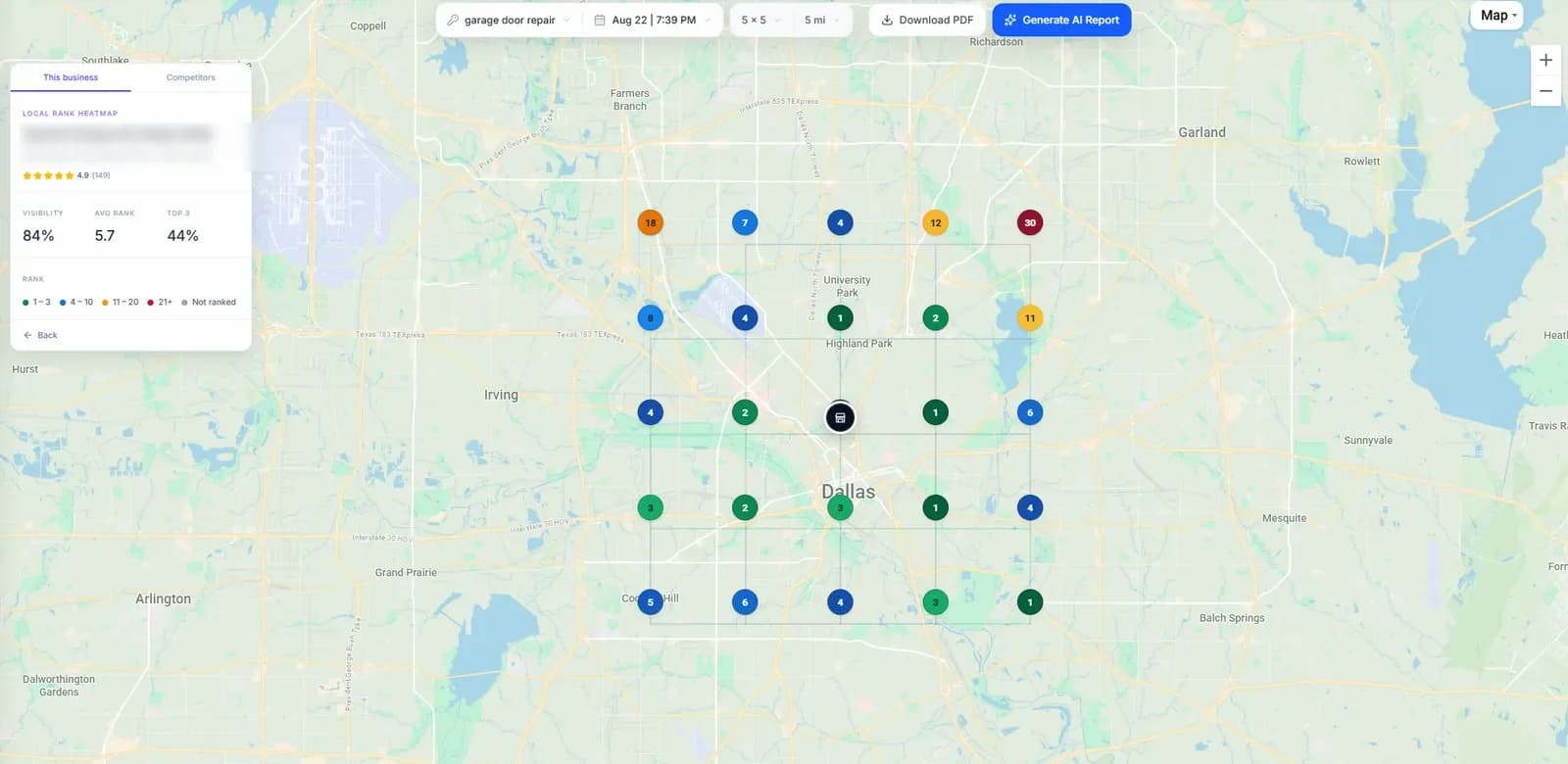 GridBeacon Google Maps geo-grid rank tracker showing a business's rankings at 25 points across Dallas