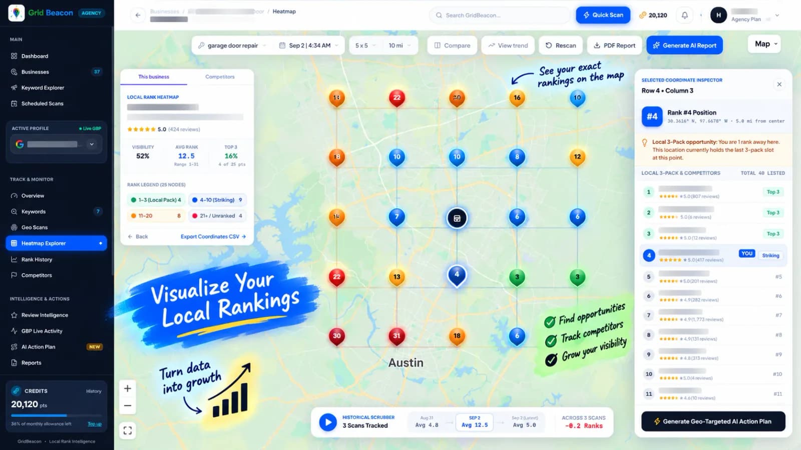 GridBeacon heatmap showing the Google Maps rank at every point of a grid, with the business card and competitor list open
