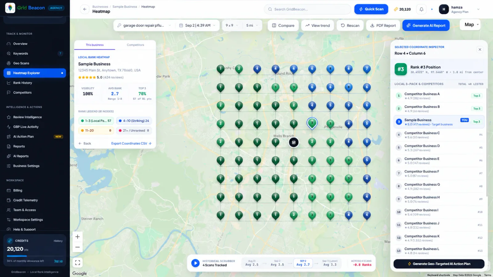 GridBeacon 9x9 geo-grid heatmap with the coordinate inspector open on a rank 3 pin
