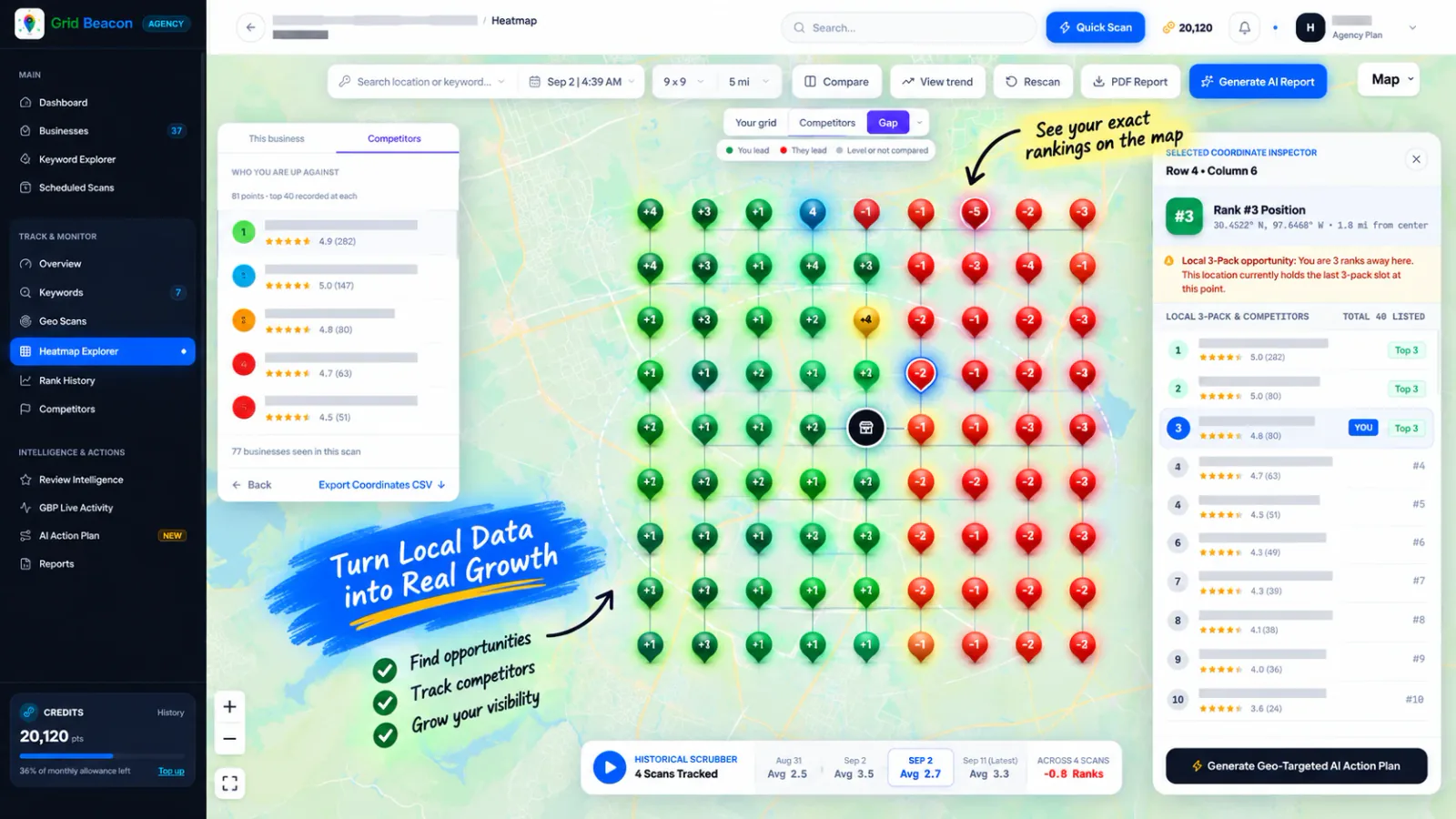 GridBeacon Gap Finder on a 9x9 grid showing where you lead and where a competitor leads at each point
