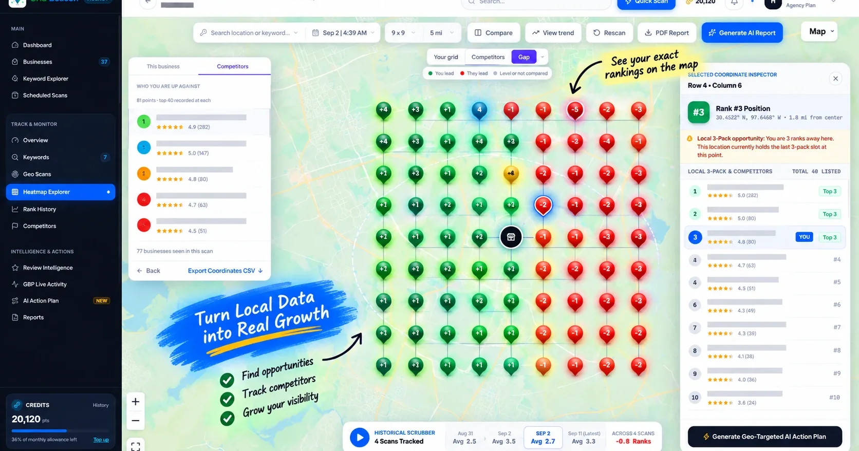GridBeacon Gap Finder view showing where you lead and where a competitor leads at each grid point