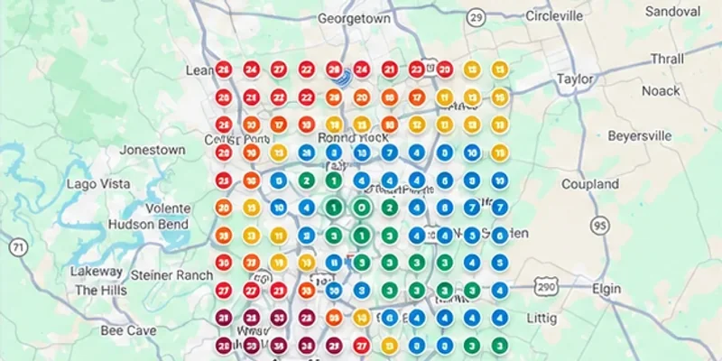 GridBeacon 11x11 local rank heatmap across the Austin area